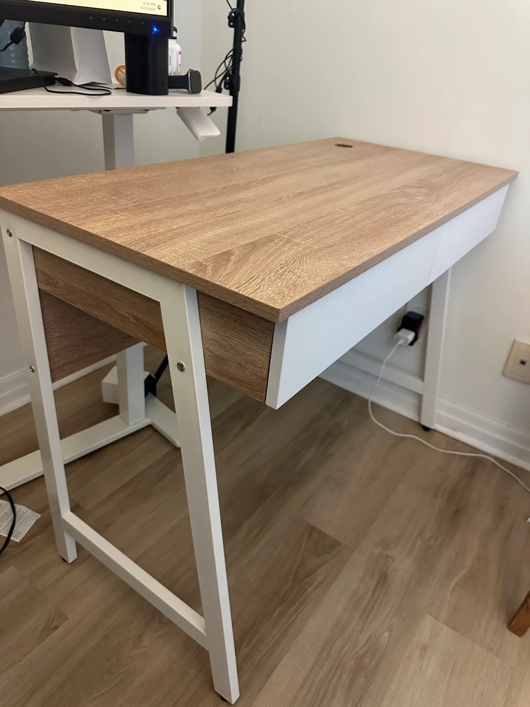 Wood Grain Desk with White Drawer