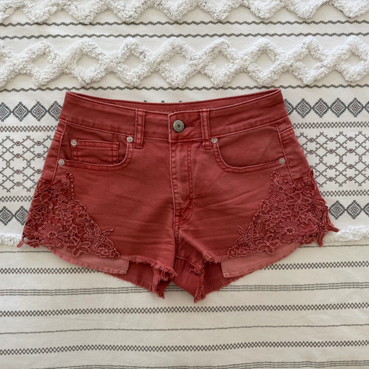 American Eagle Lace Trim Denim Shorts - Red - Size 6