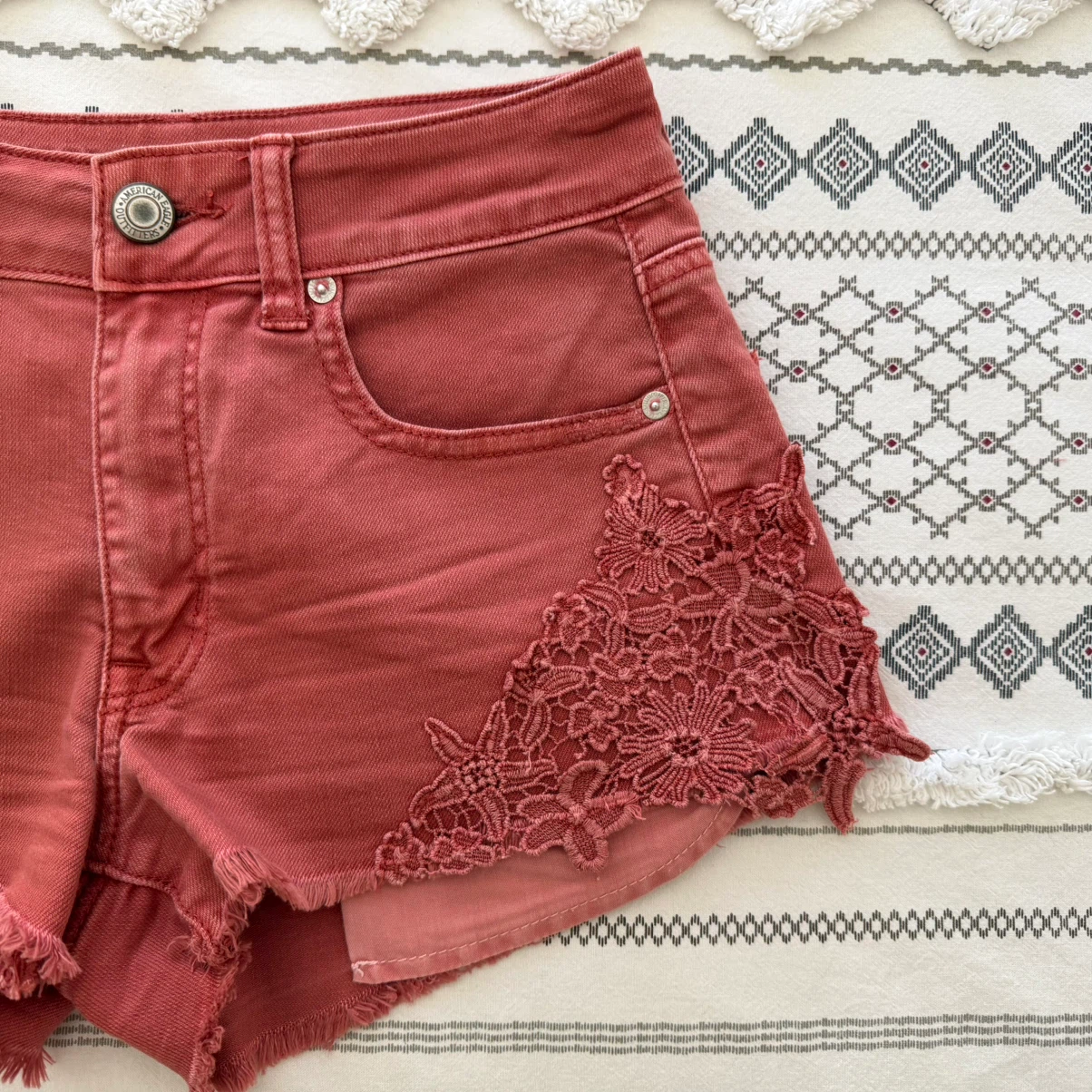 American Eagle Lace Trim Denim Shorts - Red - Size 6 - photo 2
