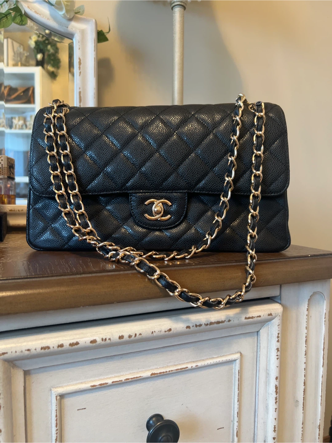 CHANEL Classic Flap Bag Black Quilted Caviar Leather Gold Chain