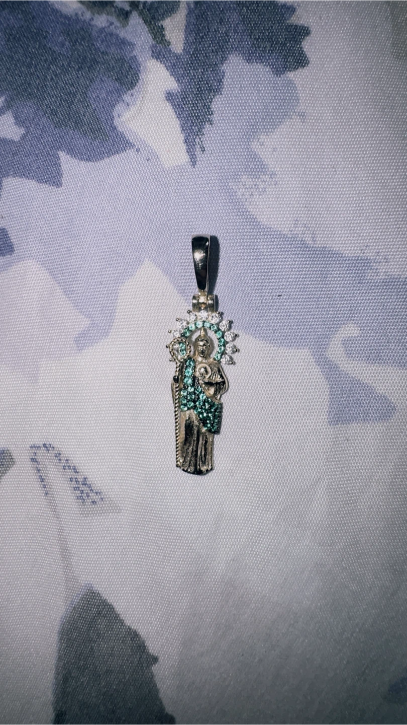 Saint Jude Pendant with Green and Clear Stones