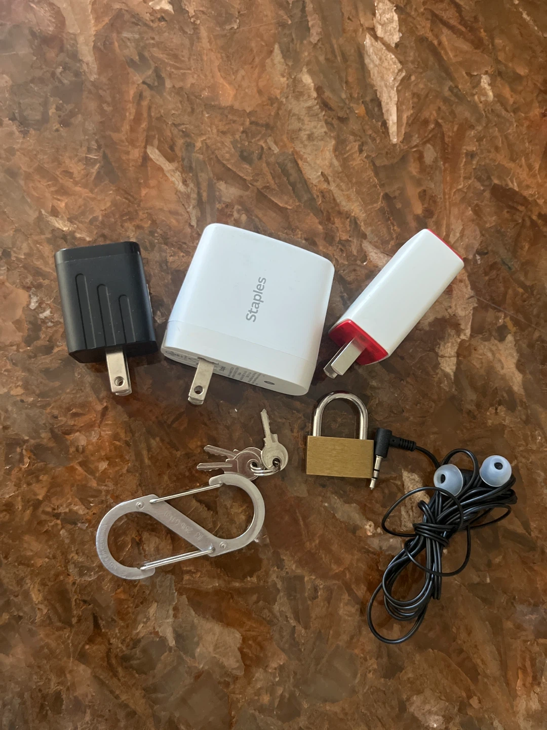 USB Wall Chargers, Earbuds, Lock & Carabiner