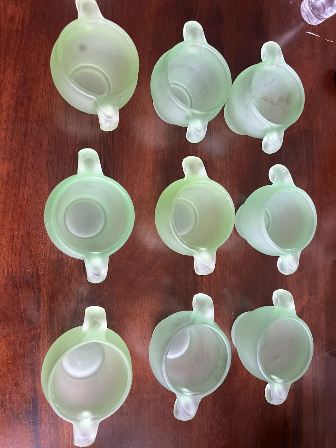 Set of 9 Frosted Green Glass Candleholders
