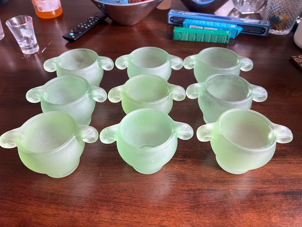 Set of 9 Frosted Green Glass Candleholders - photo 2