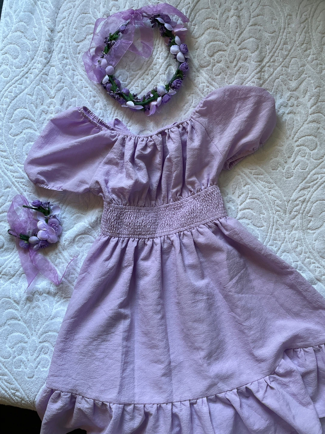 Purple Puff Sleeve Dress with Flower Crown