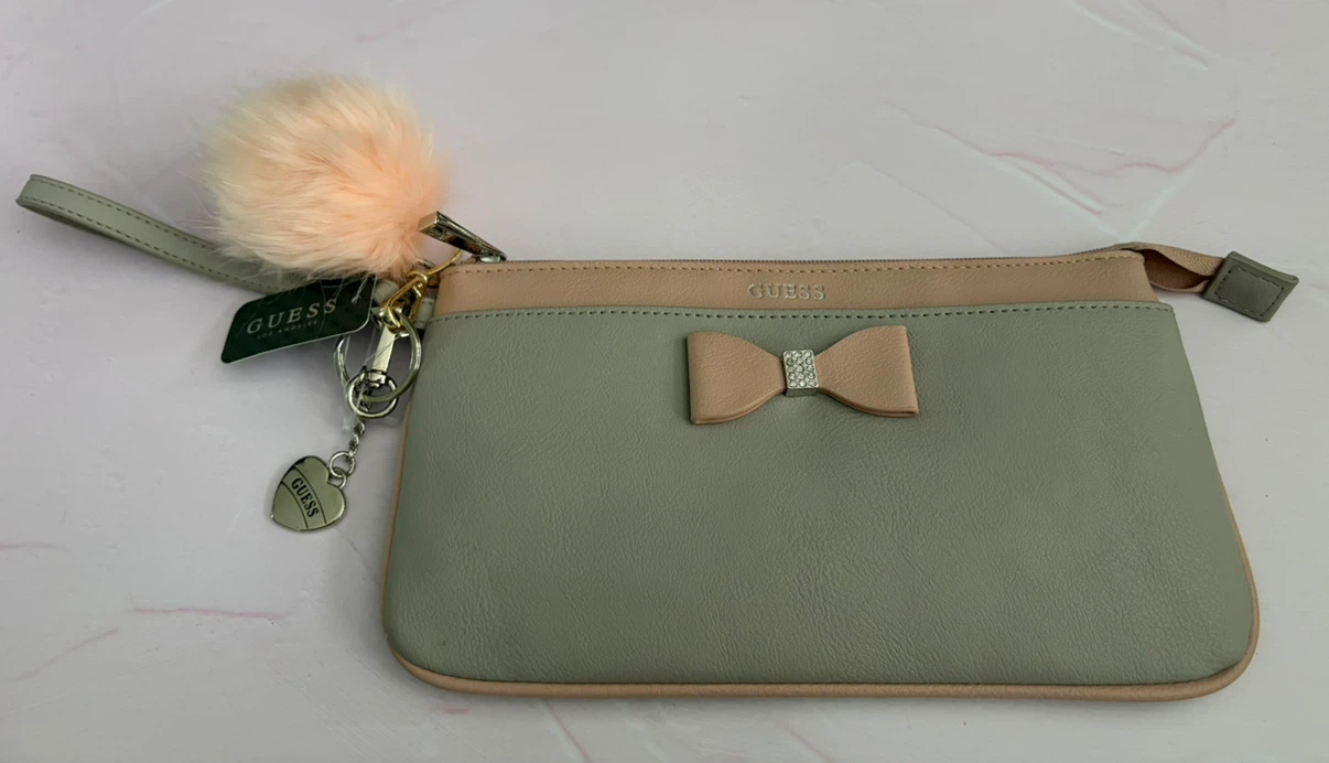 New Guess Crystal Bow Pink and Gray Wristlet Wallet