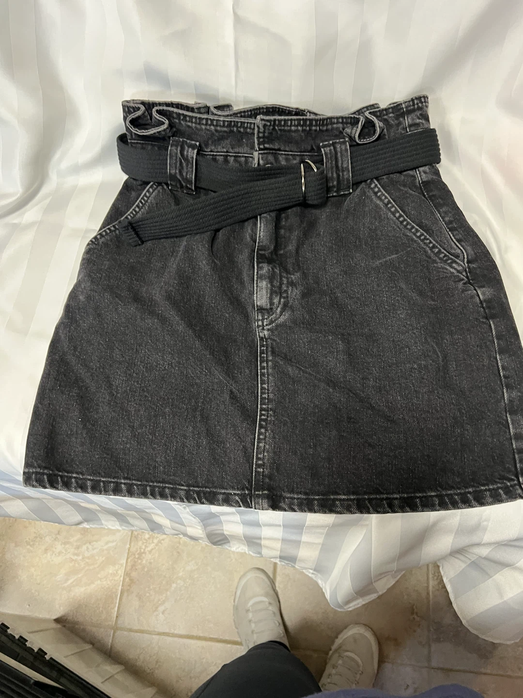 TOPSHOP Black Denim Paperbag Waist Skirt with Belt
