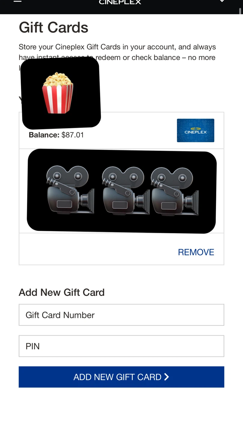 $87 cineplex giftcard