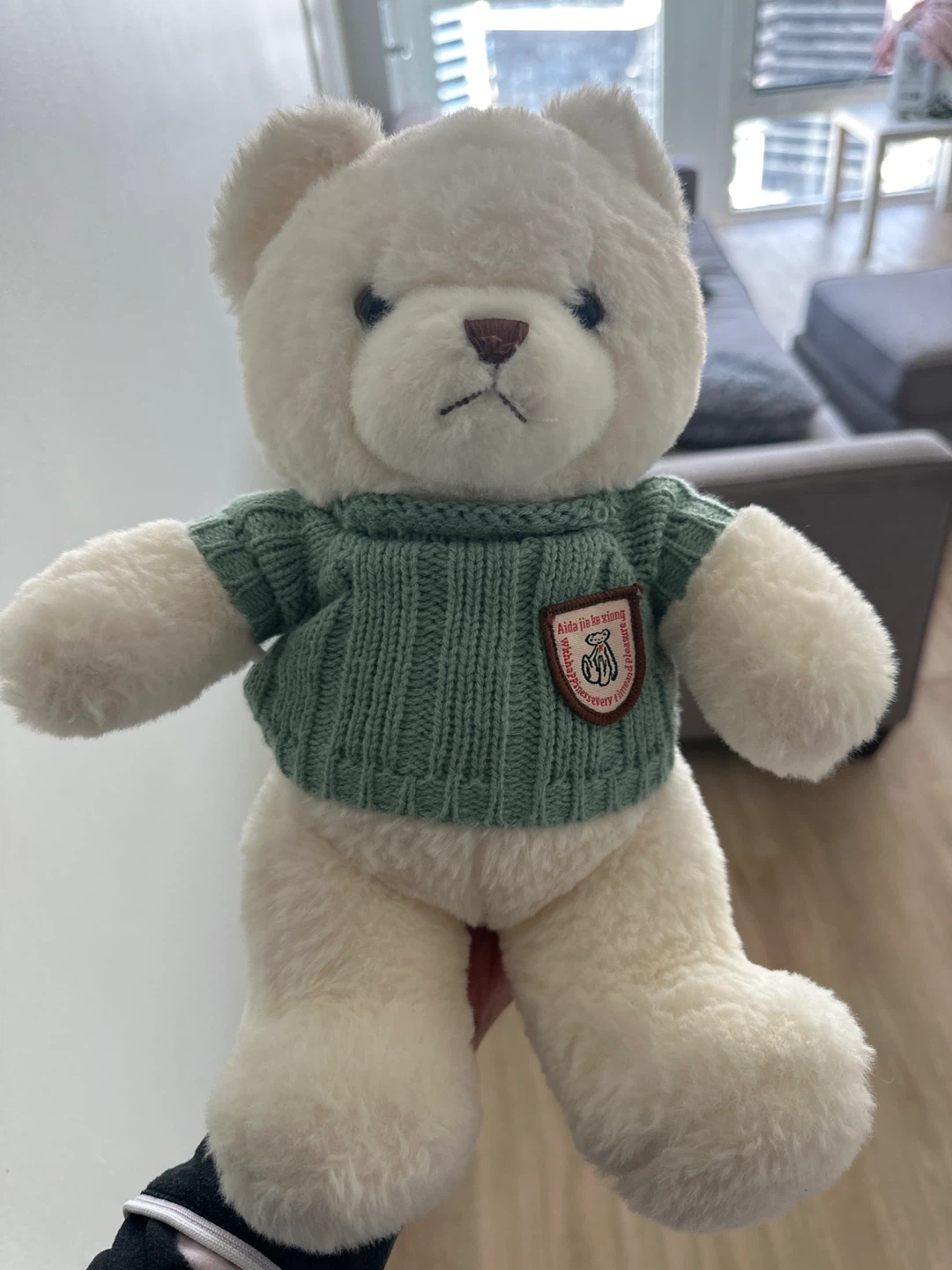 White Teddy Bear with Green Sweater