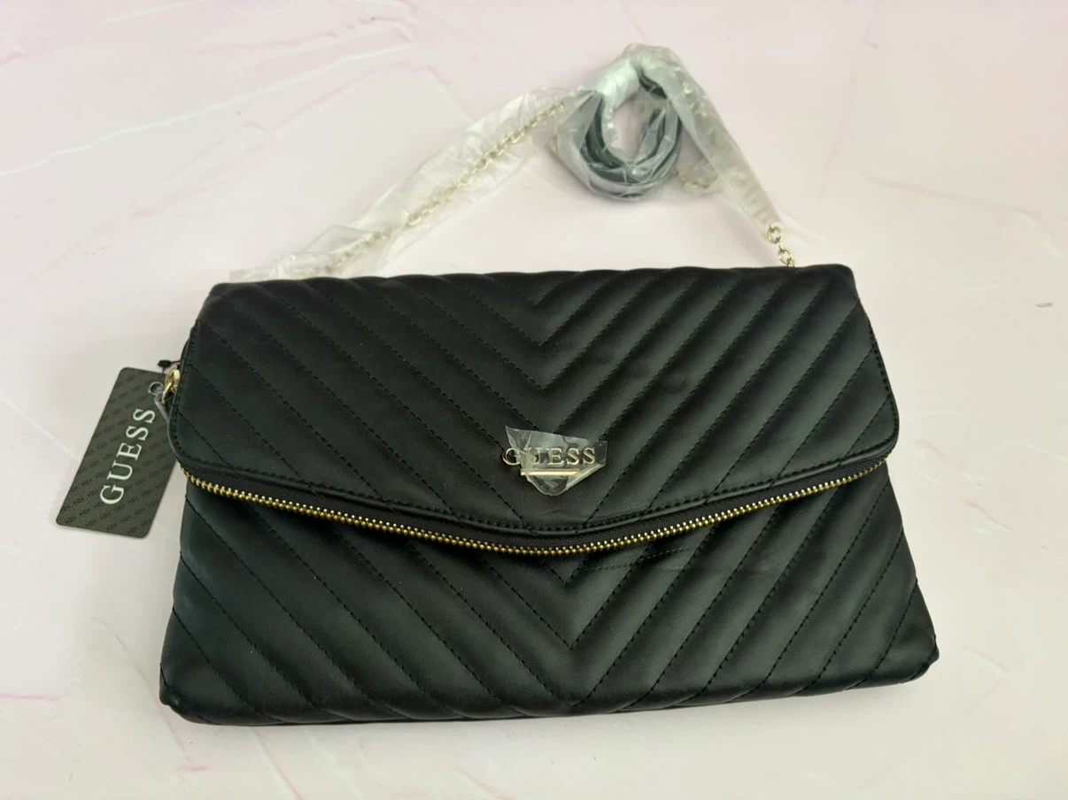 New Guess Black Crossbody Flap Bag with Gold Chain Strap
