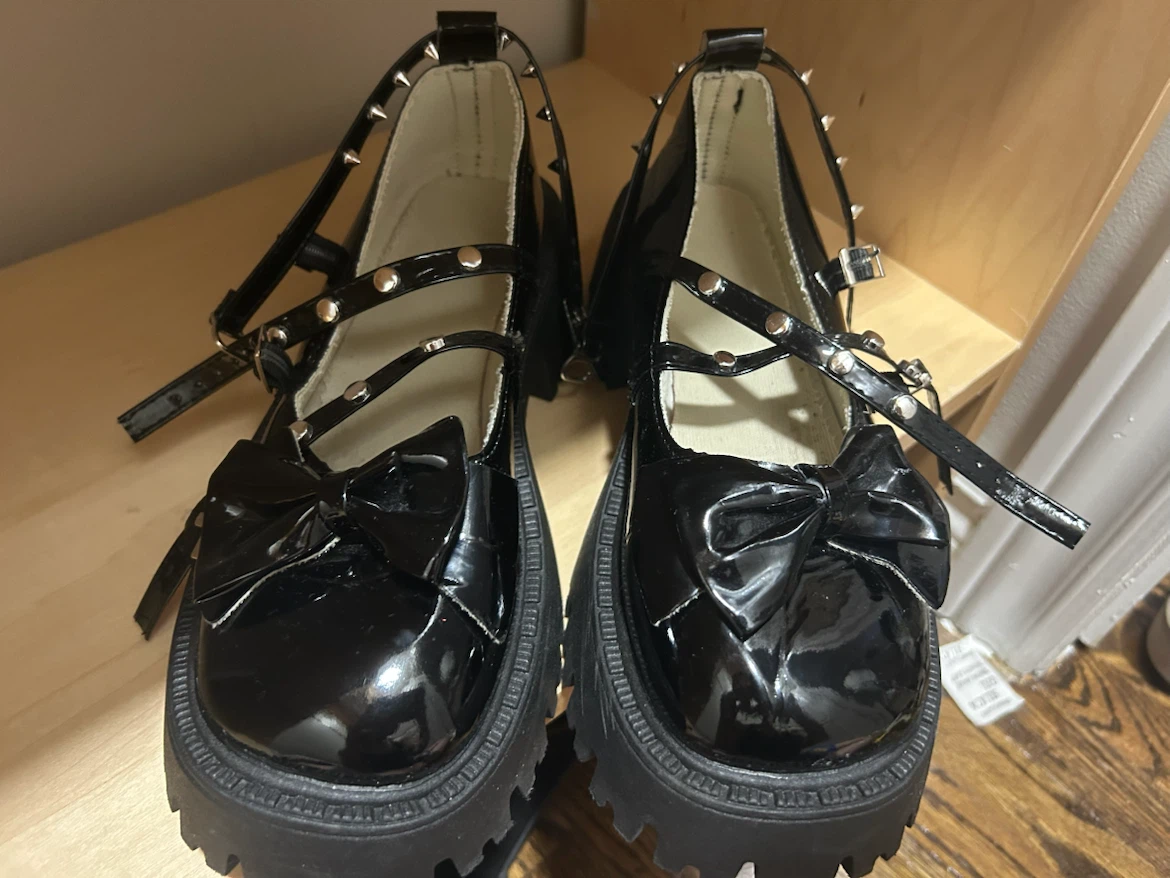 Black Platform Mary Jane Shoes with Bows and Studs Size 40