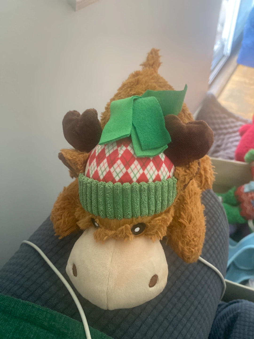 Plush Moose Toy with Christmas Hat