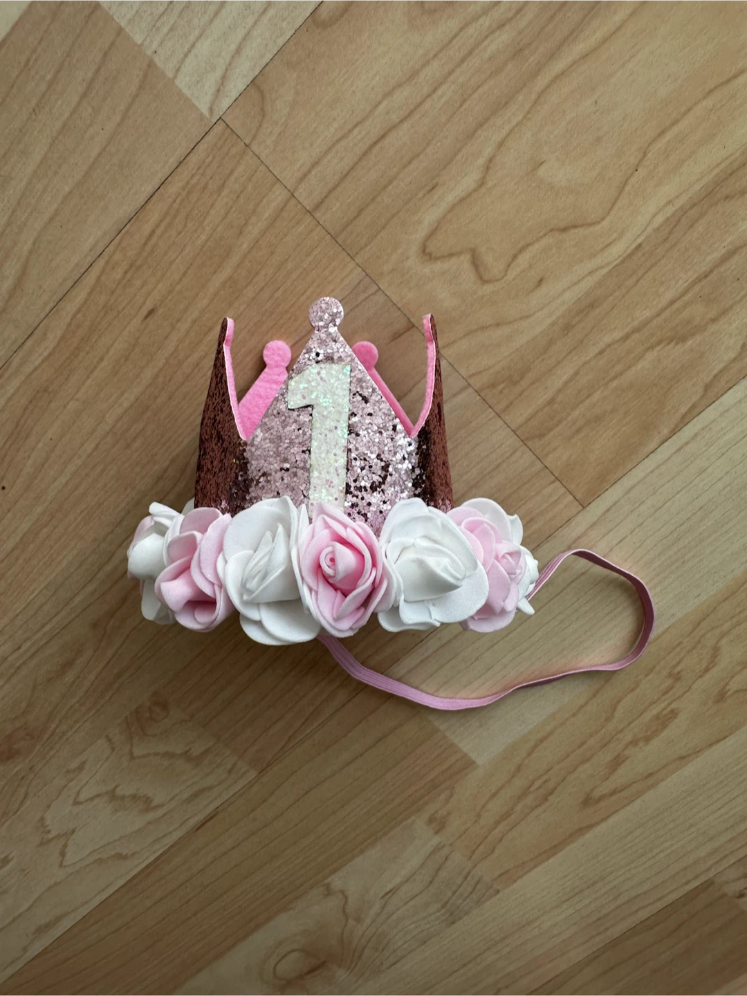 Pink Glitter 1st Birthday Crown with Flowers