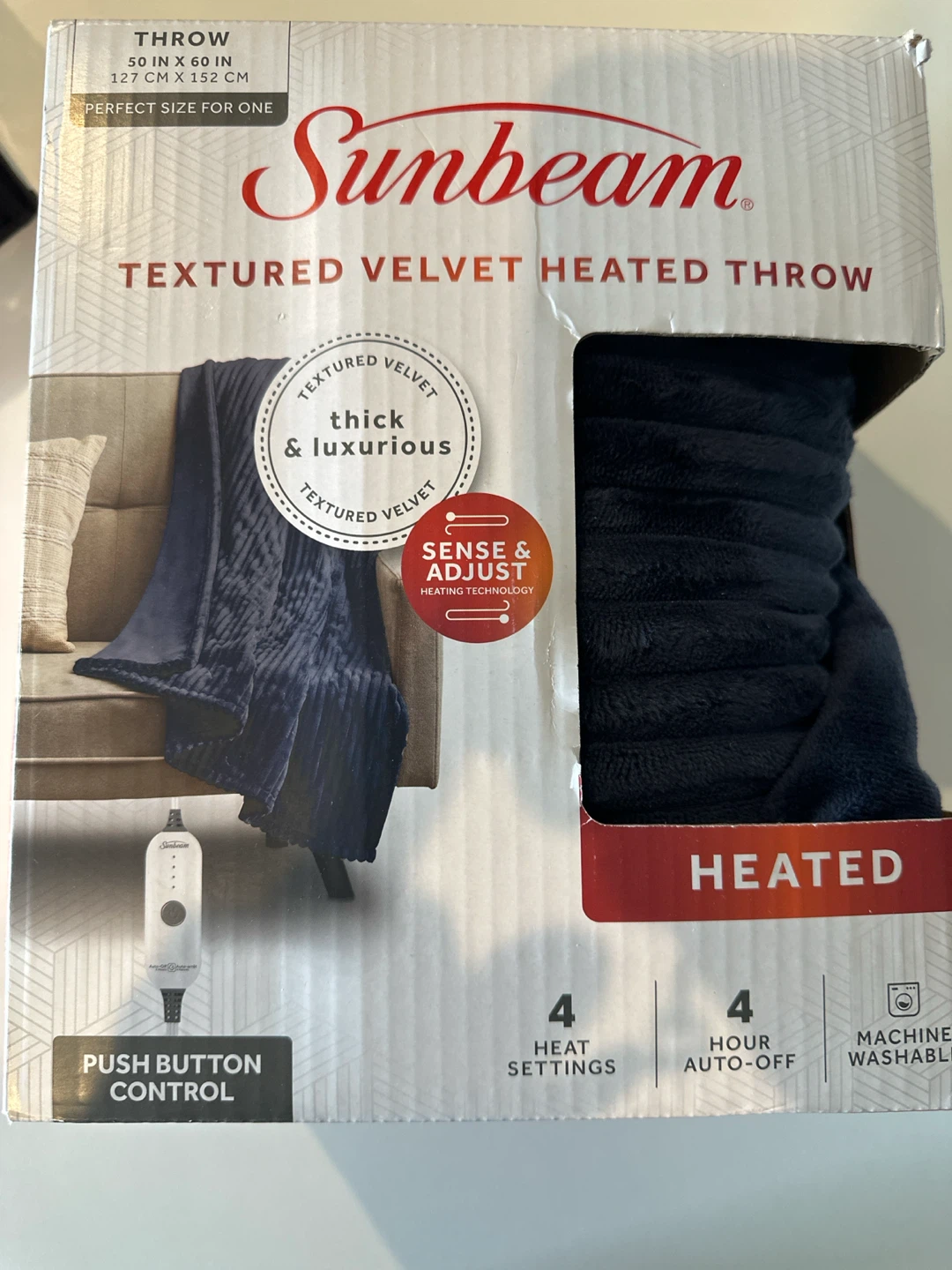 Sunbeam Textured Velvet Heated Throw - Navy - photo 3