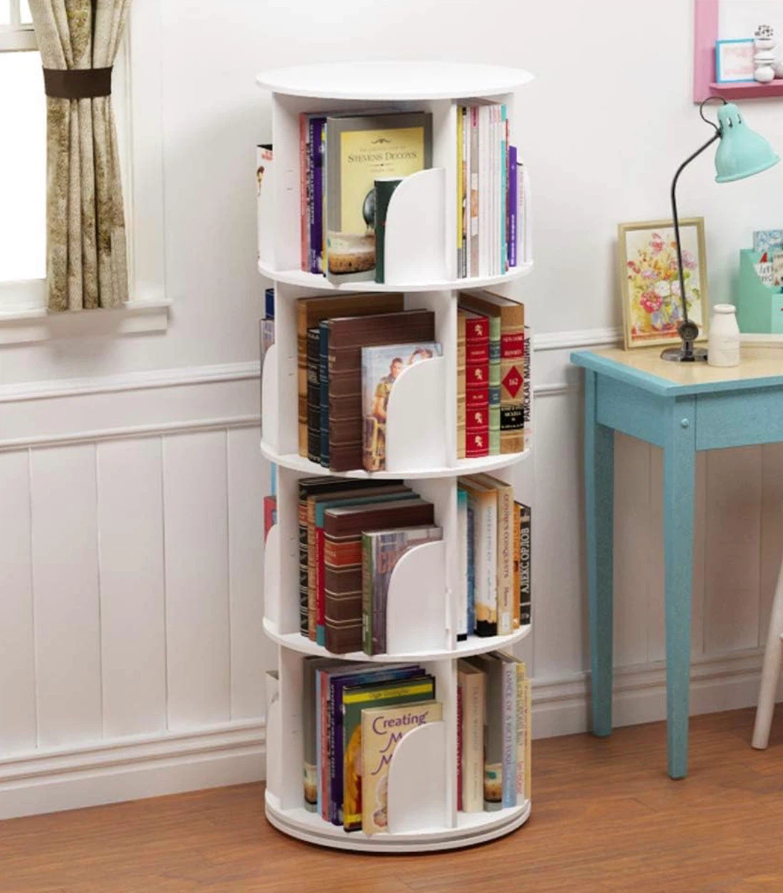 White 4-Tier Rotating Bookshelf