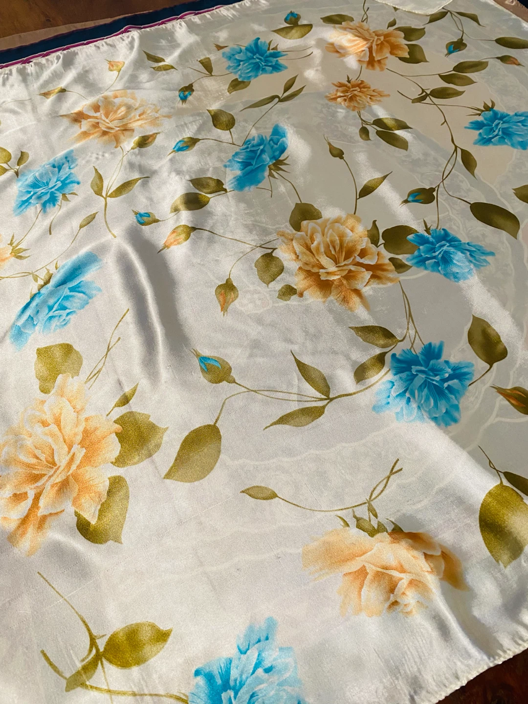 Floral Sqaure Satin Scarf - Blue and Yellow Roses