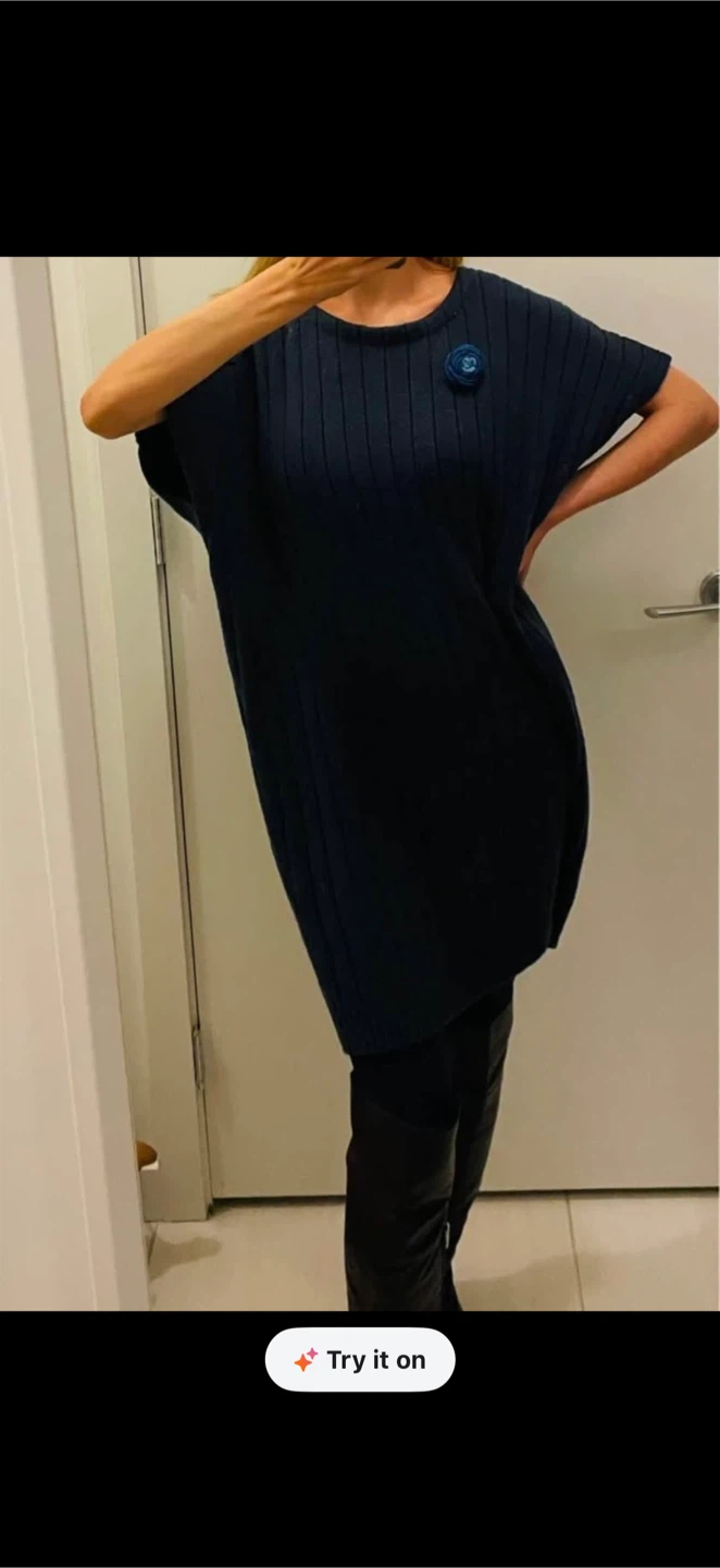 Navy ribbed knit short sleeve tunic dress - photo 2