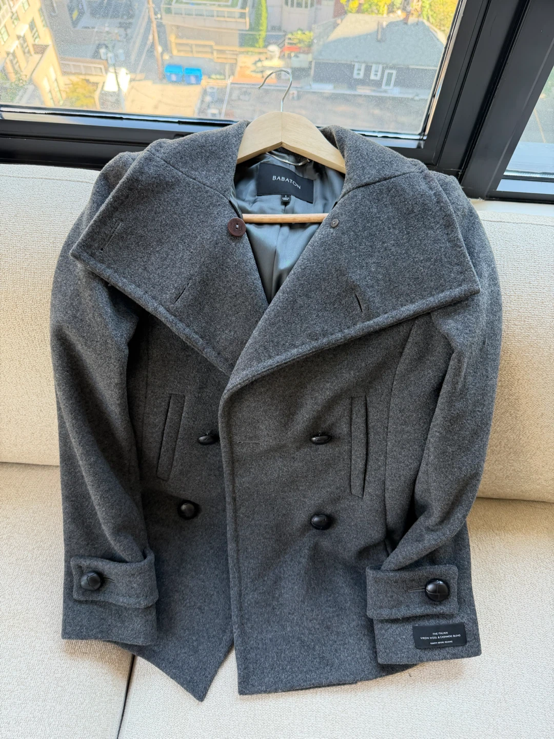 BABATON Grey Wool Blend Double Breasted Peacoat- Size S