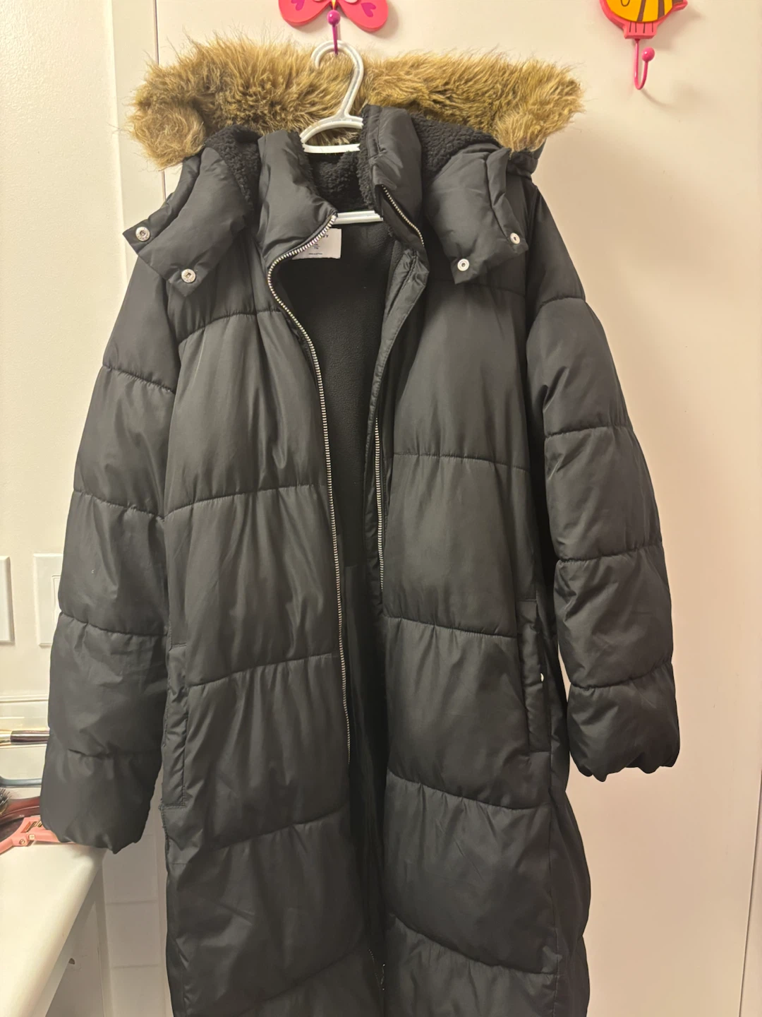 Long Black Puffer Coat with Fur Hood