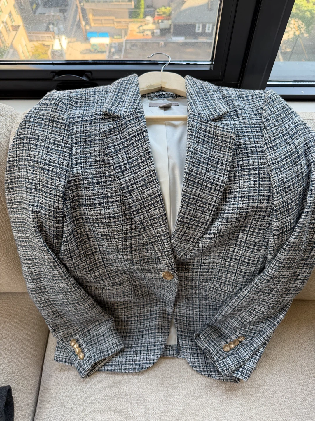 H&M Navy & White Tweed Blazer – Size XS – Gold Buttons