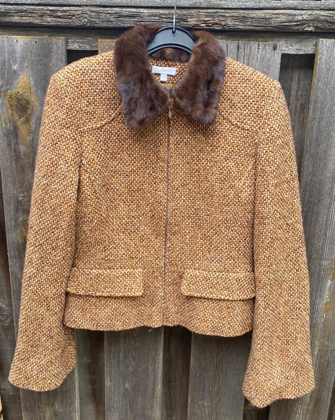 Kookai brown tweed jacket with faux fur collar