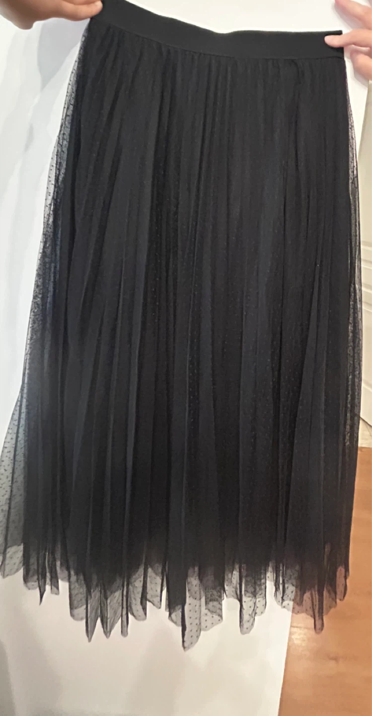 Black Tulle Pleated Midi Skirt