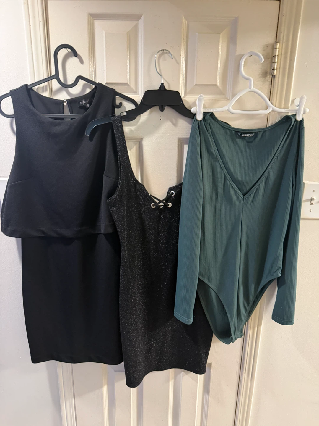 Women's Clothing Lot: Black Dress, Glitter Dress, Green Bodysuit