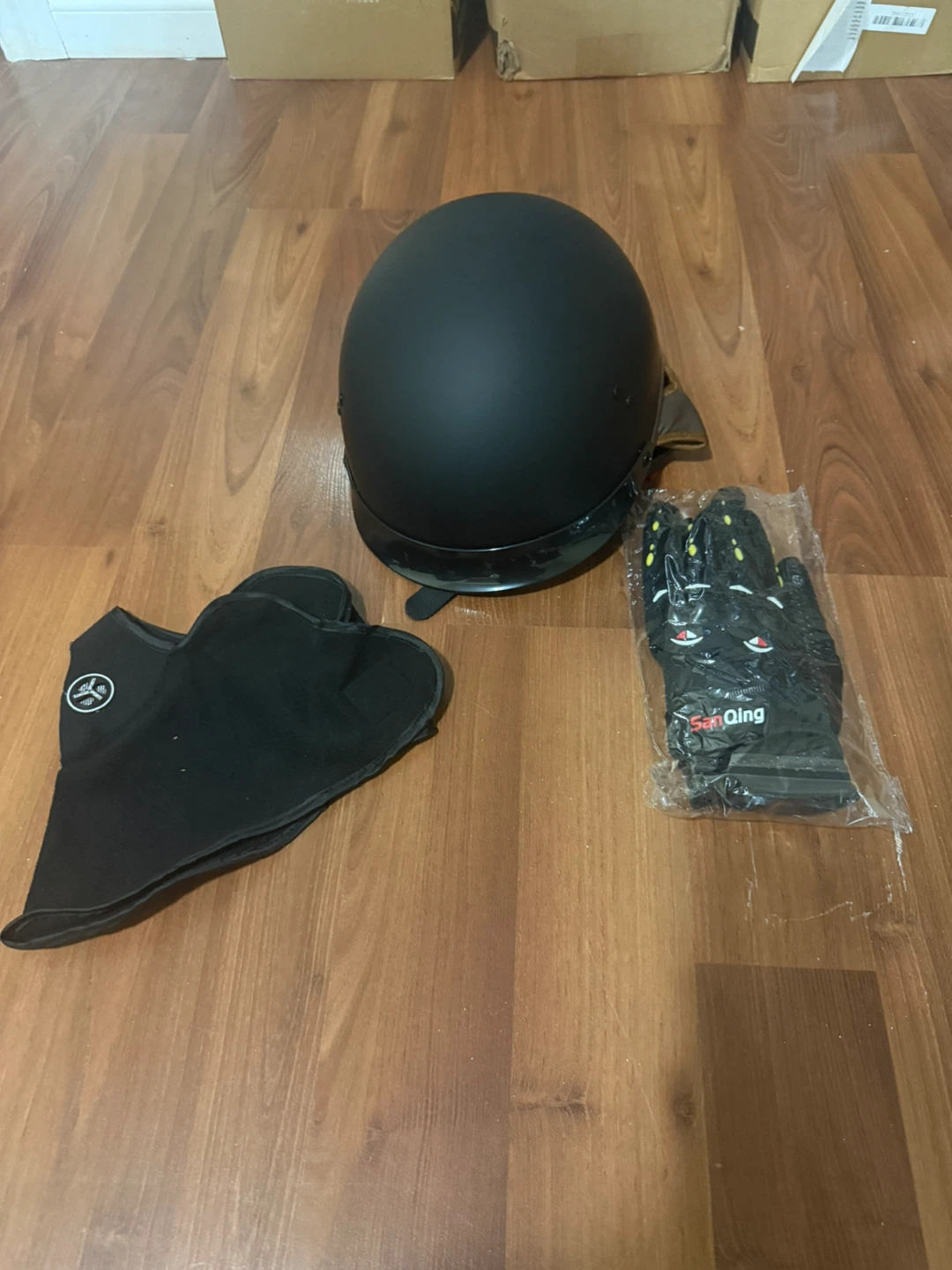 Motorcycle Helmet, Neck Warmer, and Gloves