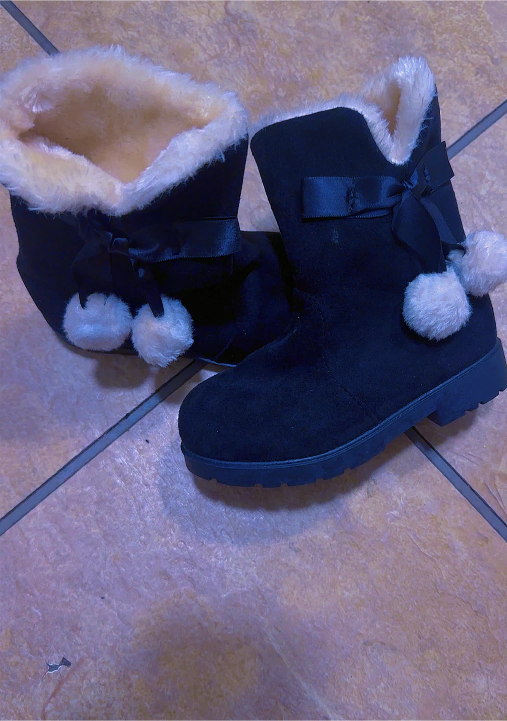 Black Faux Suede Winter Boots with Pom Poms - photo 2