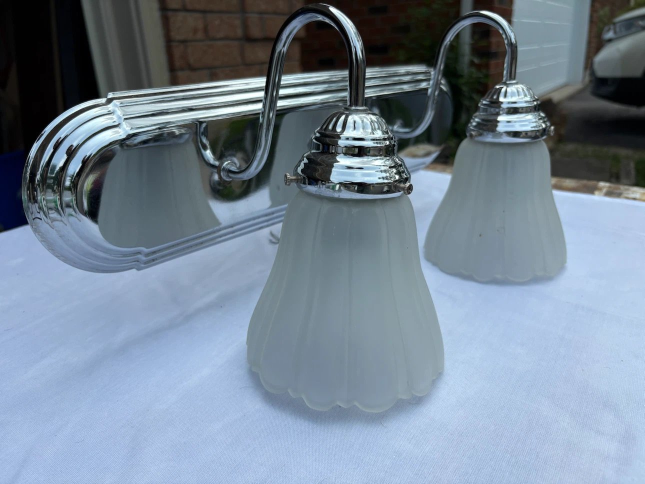 Chrome Vanity Light Fixture with 2 Frosted Glass Shades - photo 2