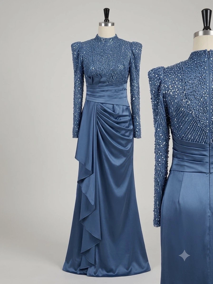 Modest Beaded Satin Maxi Dress in Slate Blue