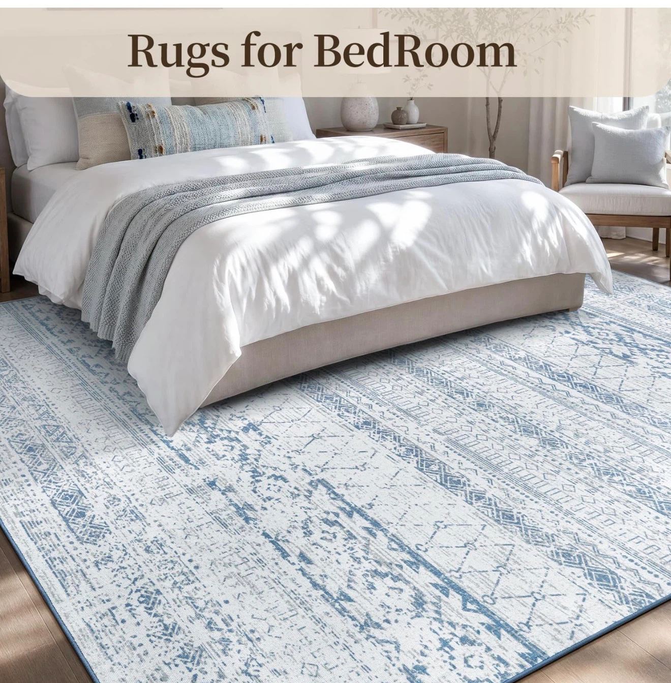 Soft & Low Pile Area Rug - Blue/White Geometric Pattern - photo 2