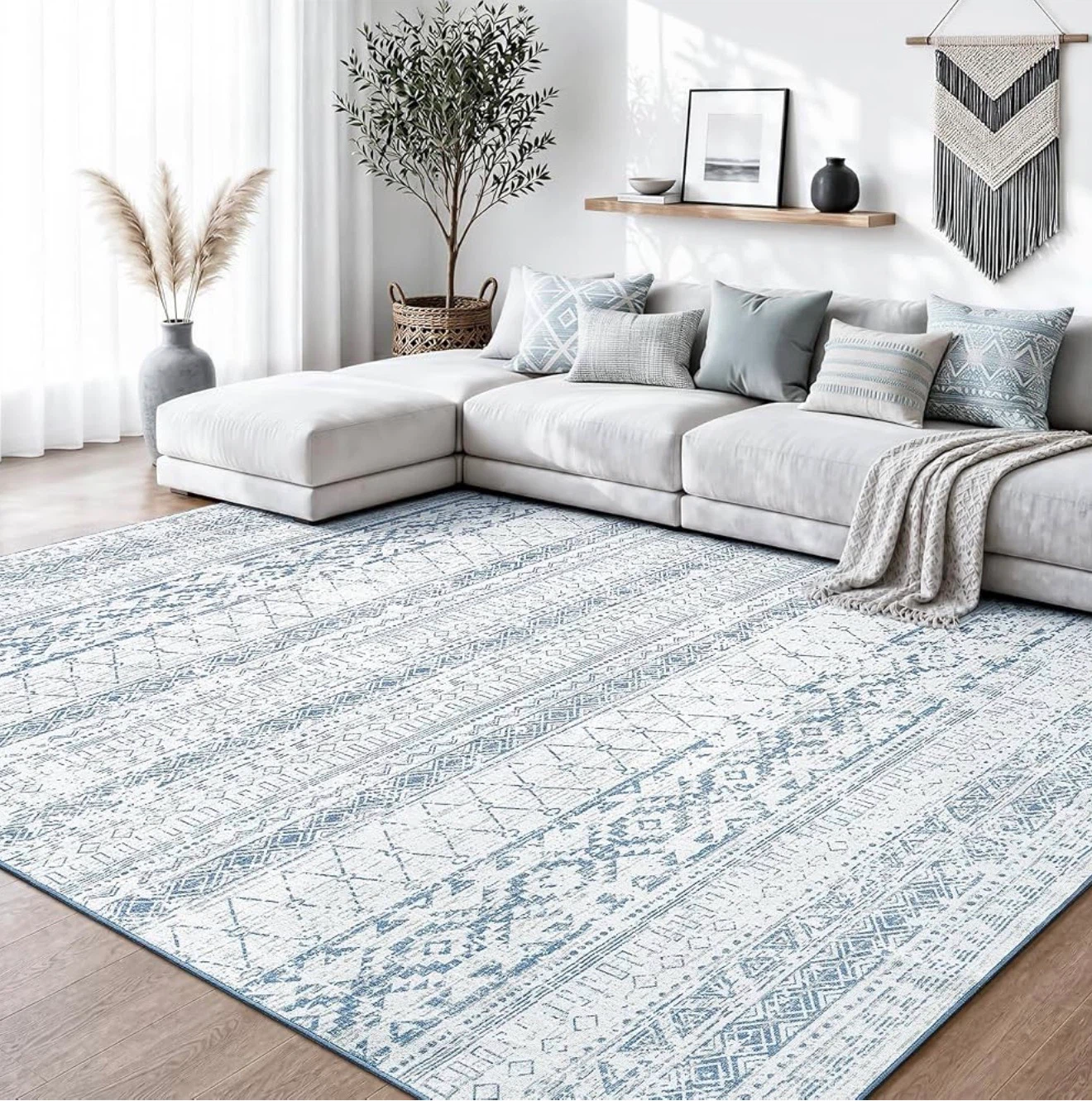 Soft & Low Pile Area Rug - Blue/White Geometric Pattern - photo 3