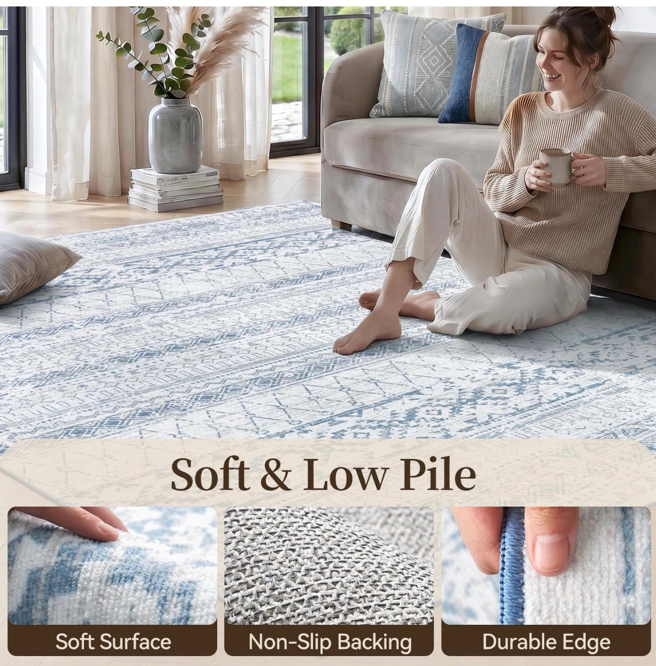 Soft & Low Pile Area Rug - Blue/White Geometric Pattern - photo 4