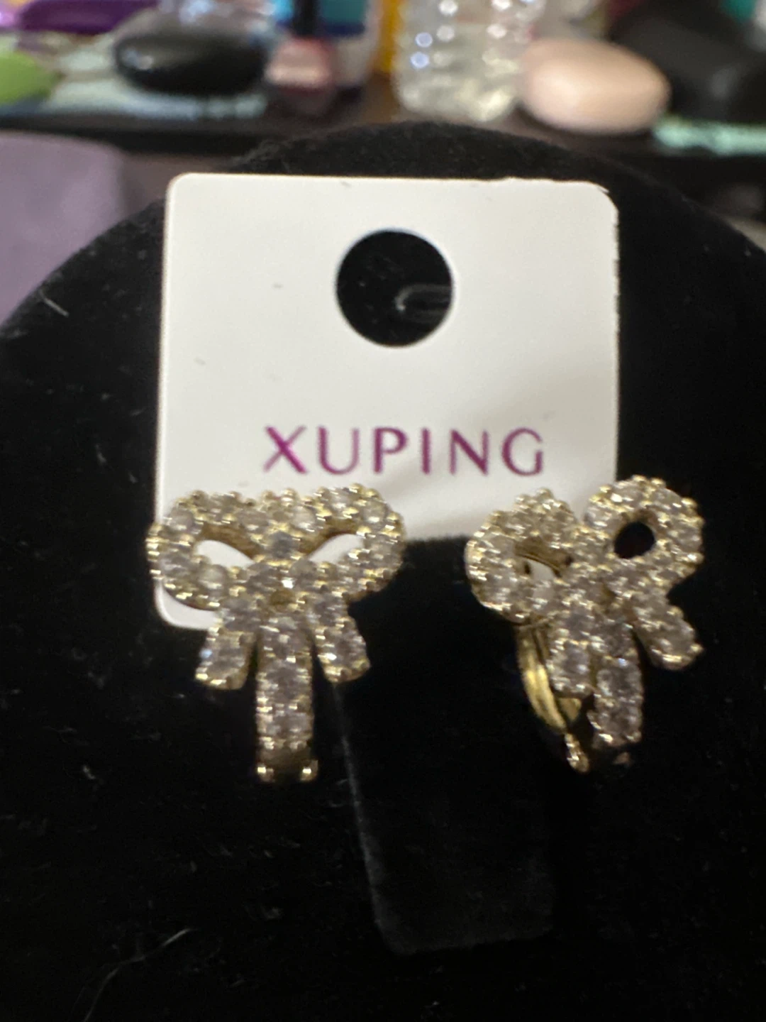 14k gold laminated Bow Earrings with Crystals