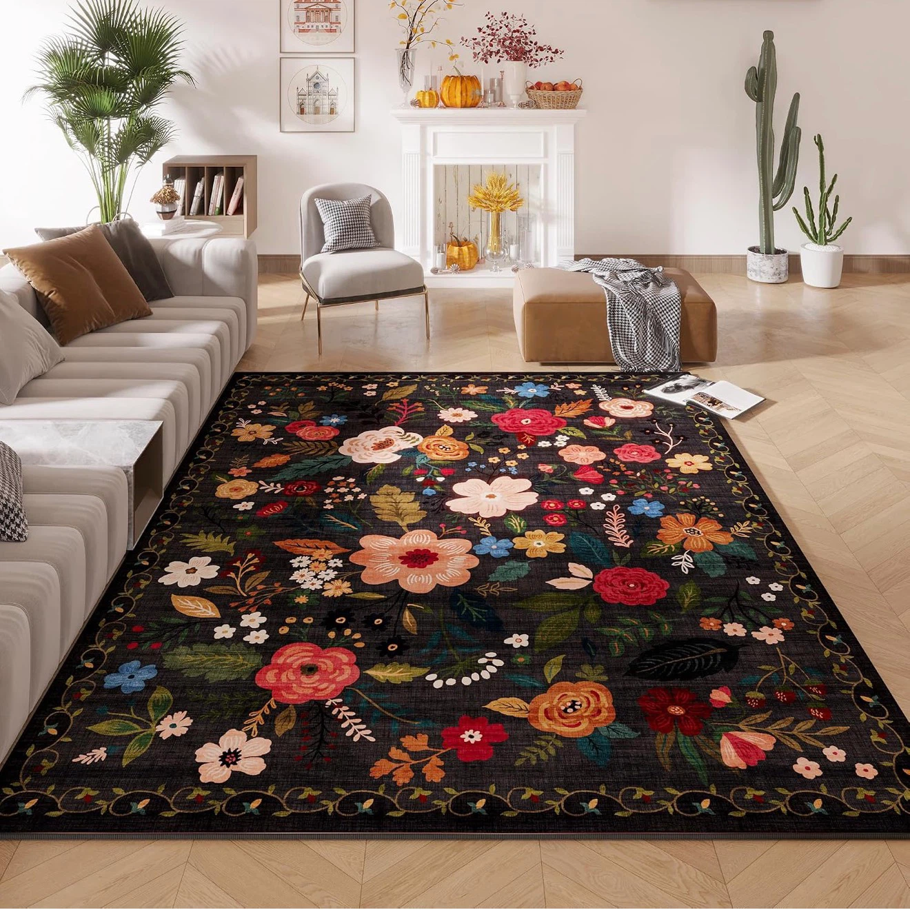 Black Floral Area Rug