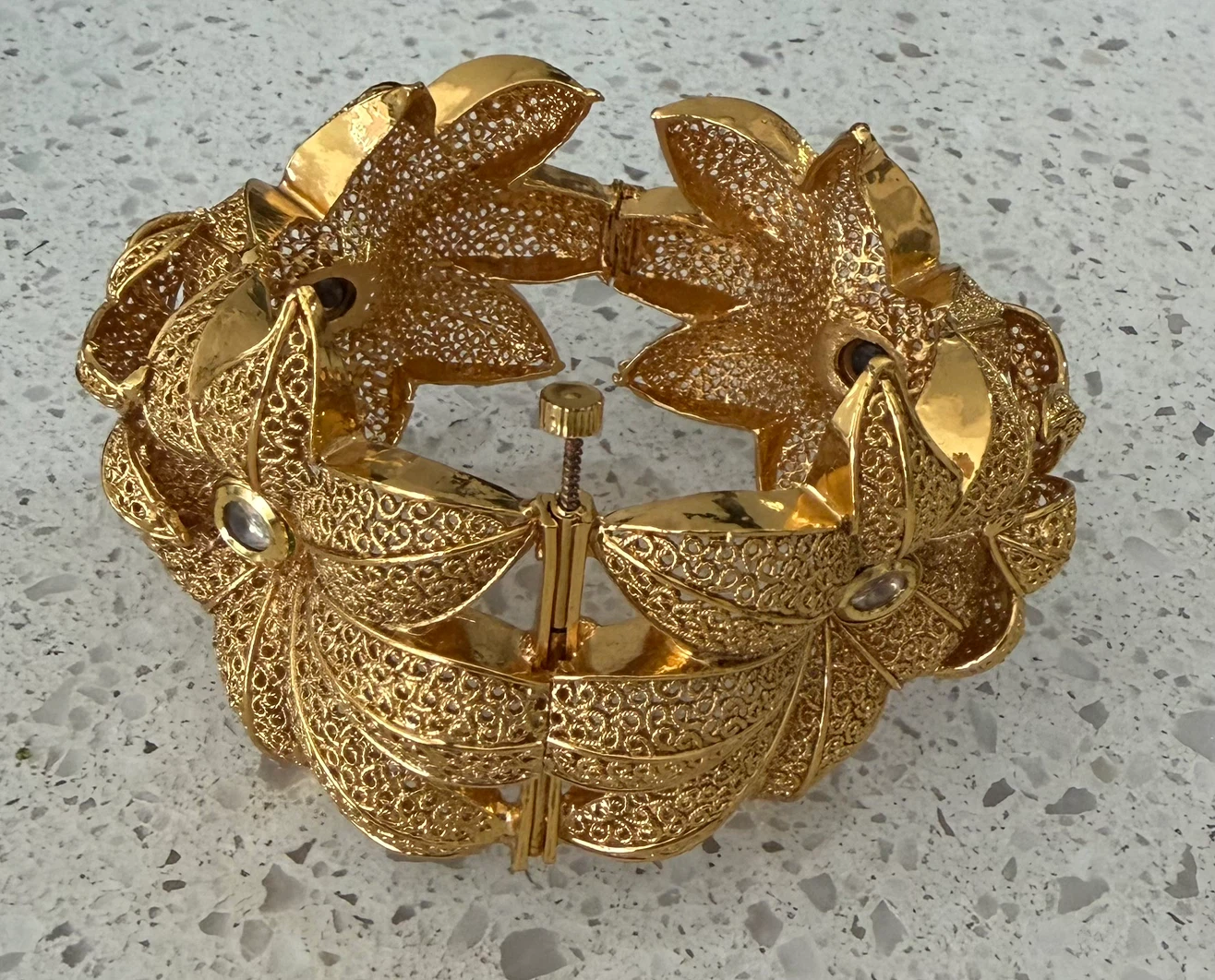 Gold-tone Filigree Leaf and Flower Cuff Bracelet