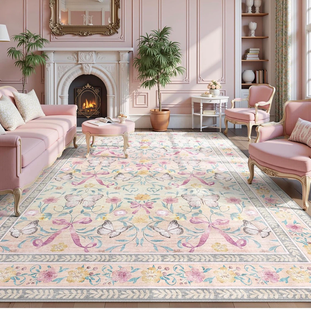 Machine Washable Butterfly and Floral Area Rug