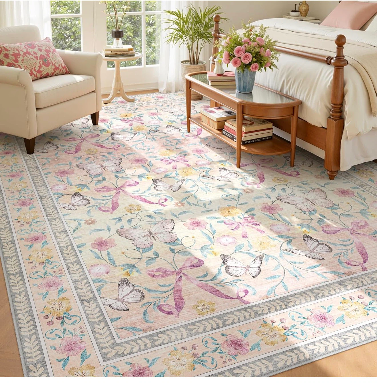 Machine Washable Butterfly and Floral Area Rug - photo 2