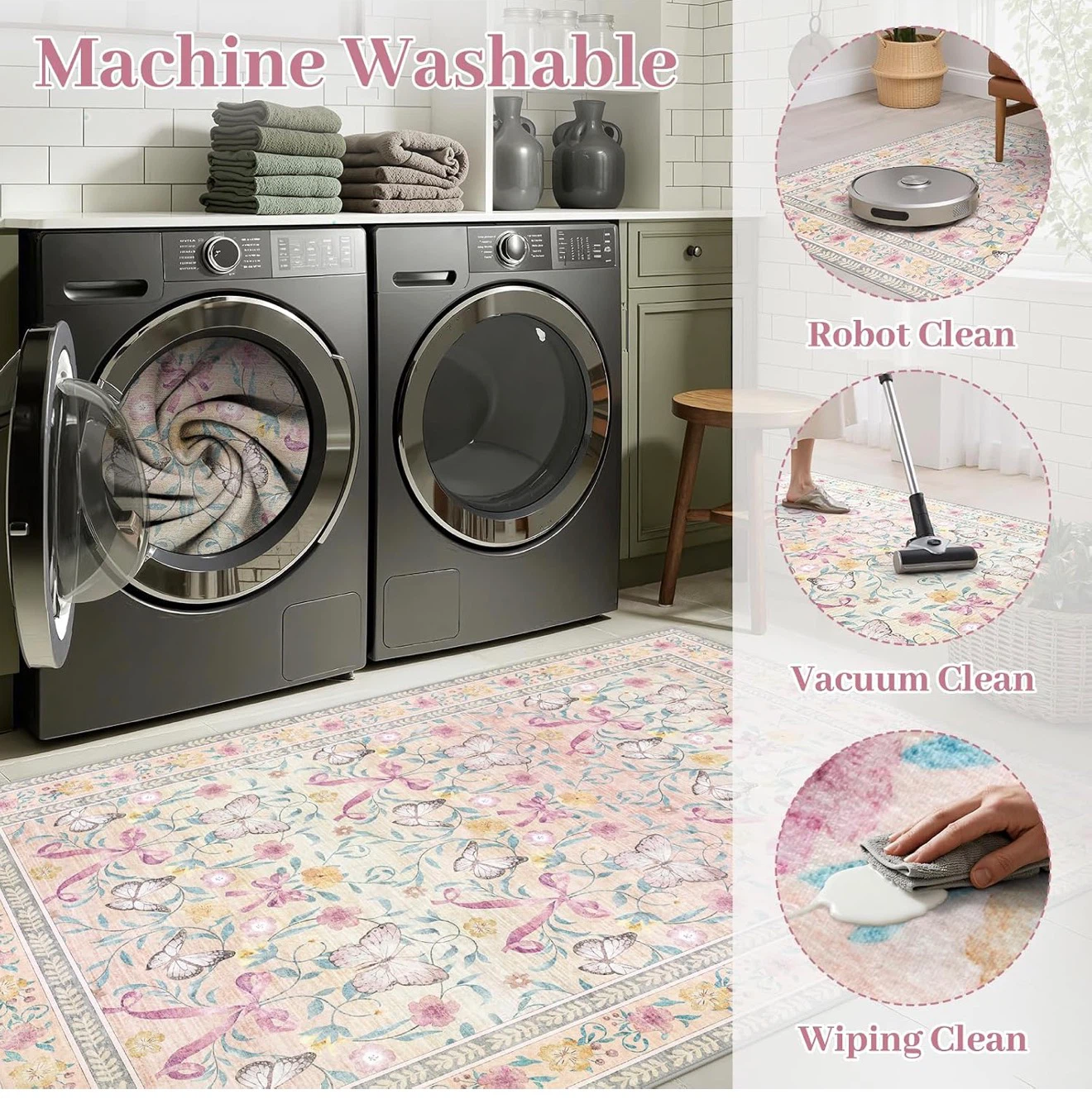 Machine Washable Butterfly and Floral Area Rug - photo 4