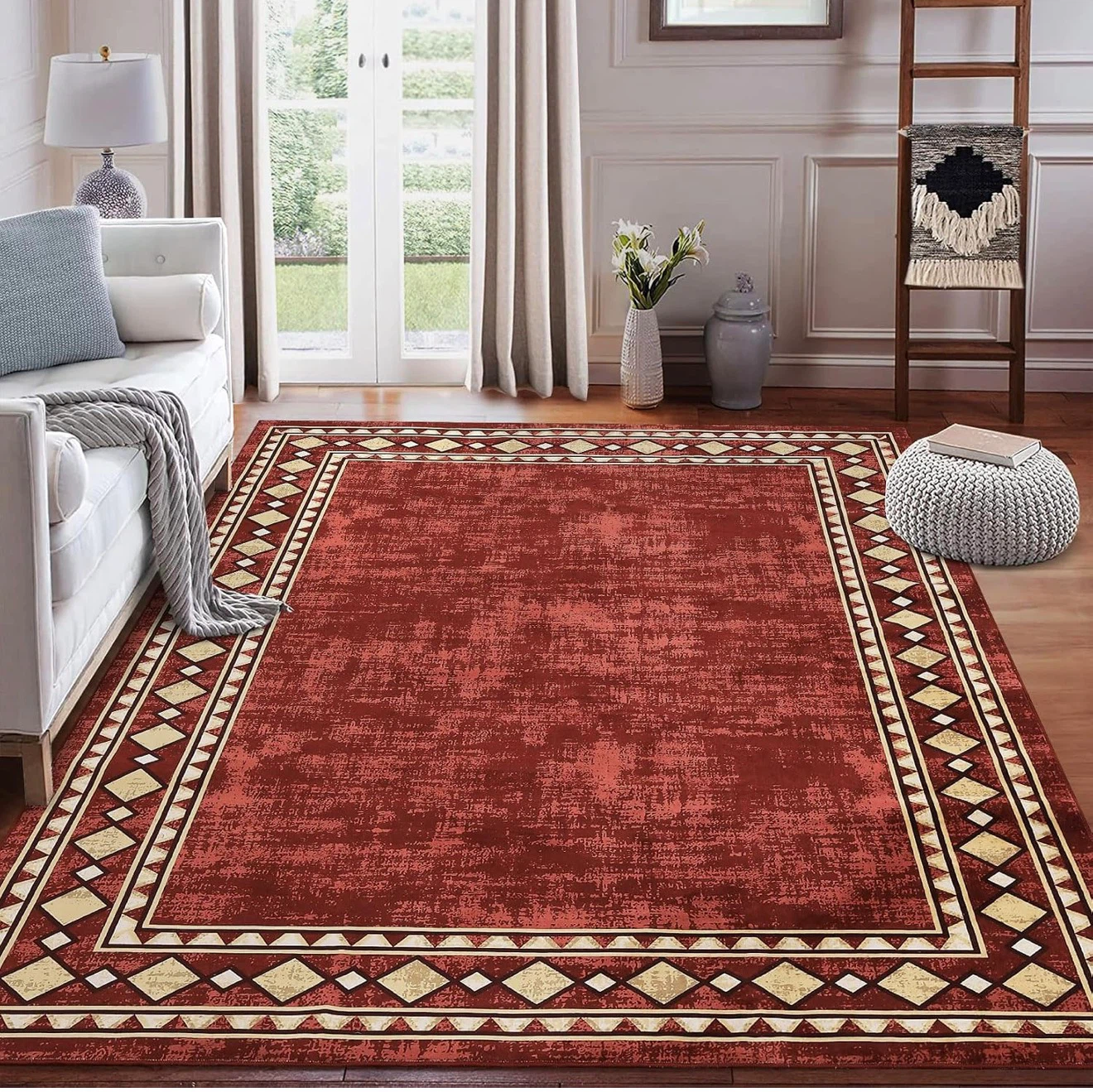 Red Area Rug with Geometric Border