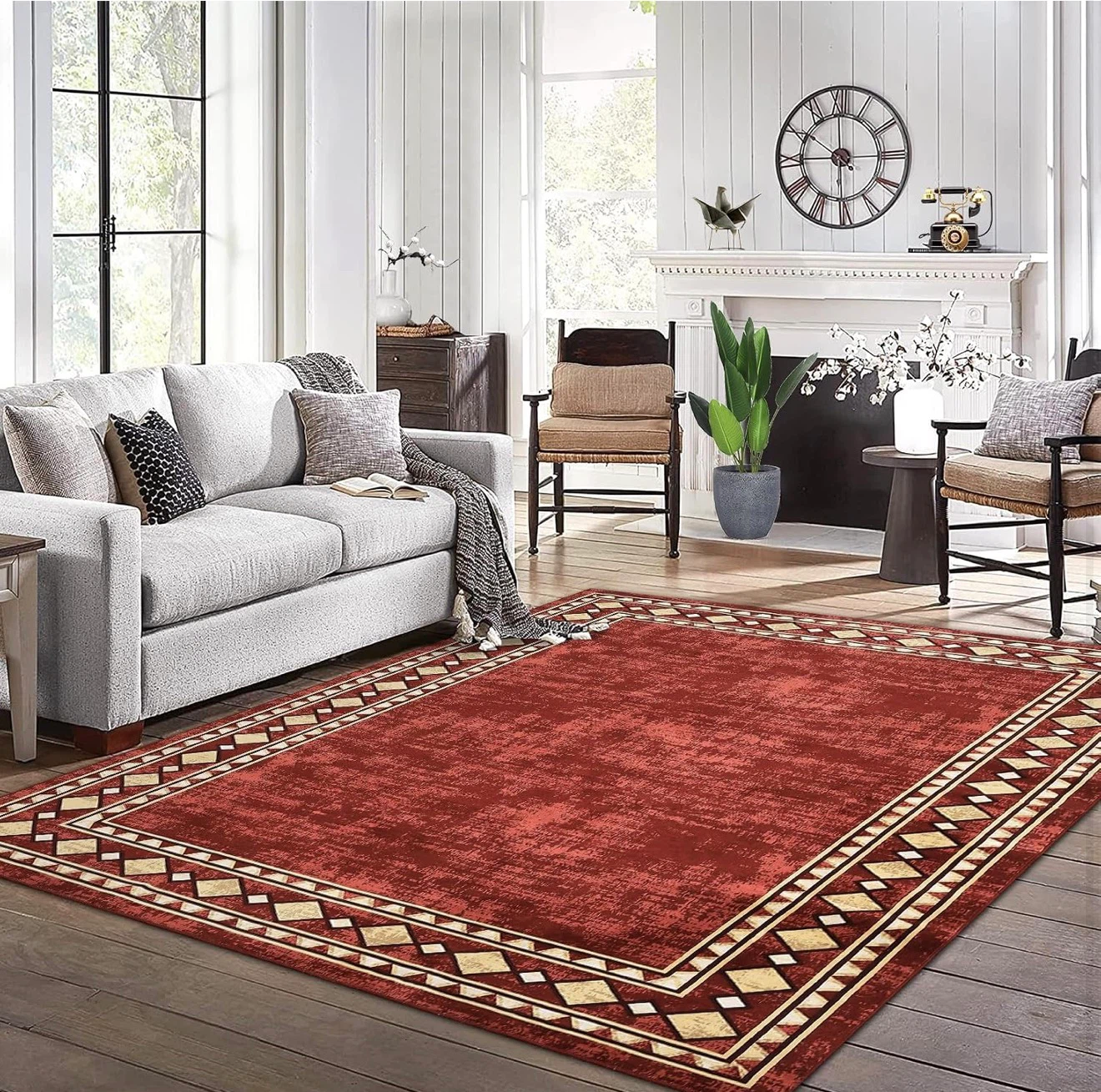 Red Area Rug with Geometric Border - photo 2