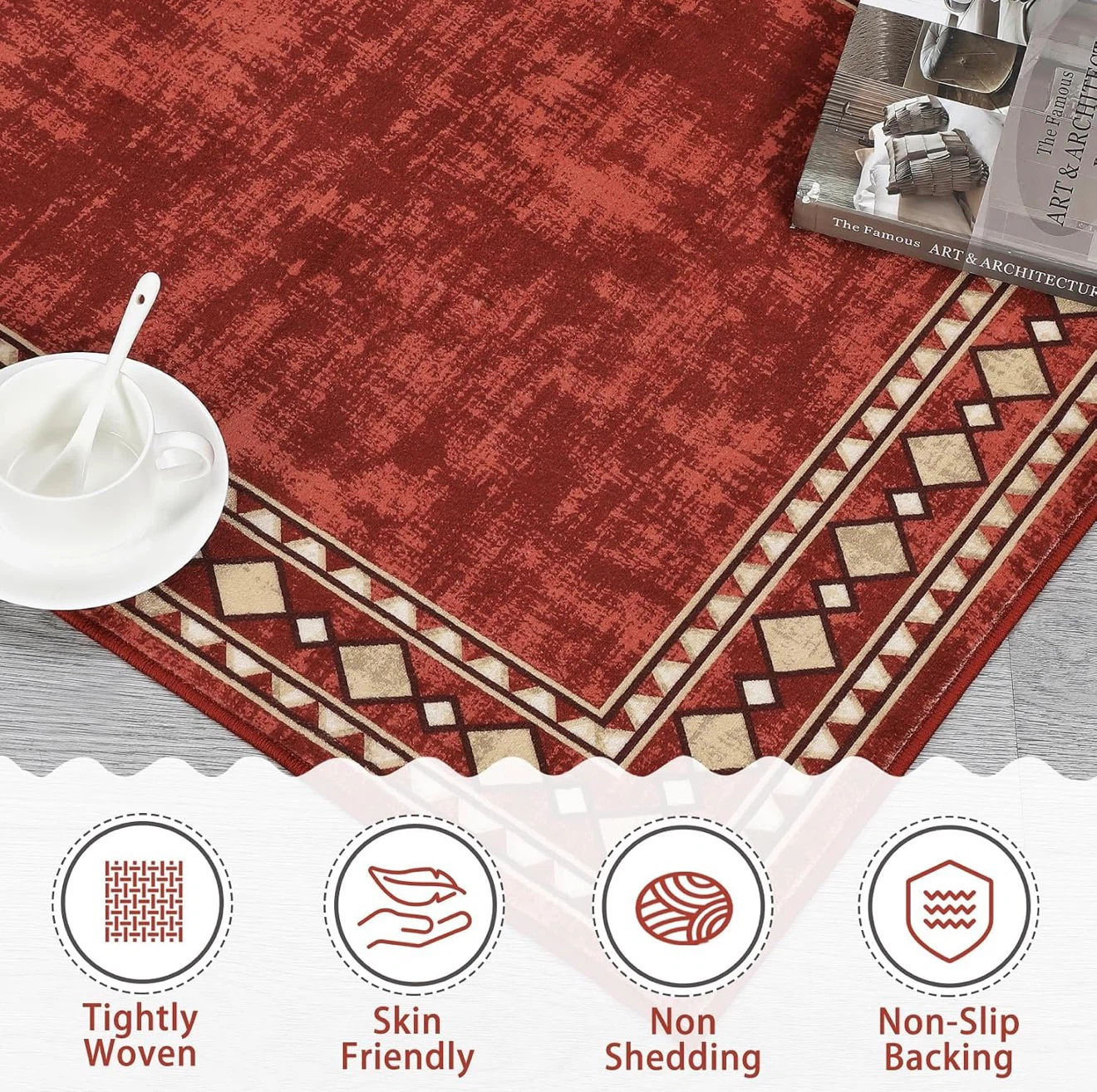 Red Area Rug with Geometric Border - photo 5