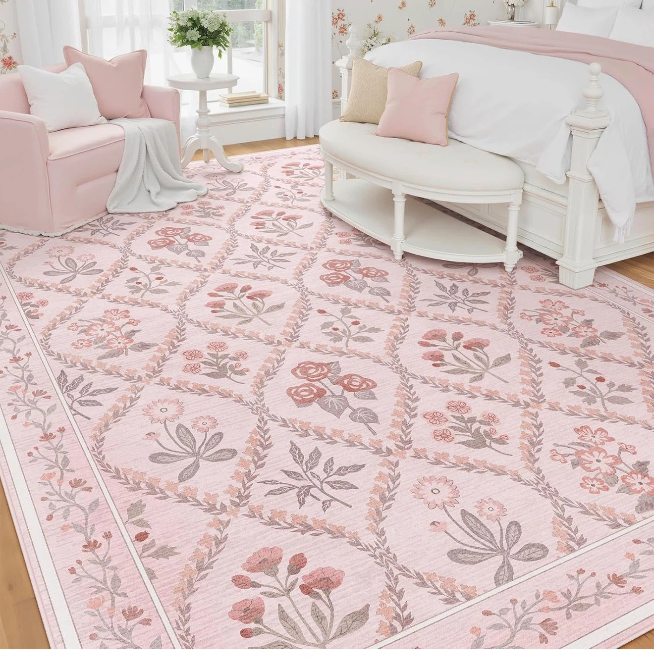 Pink Floral Area Rug