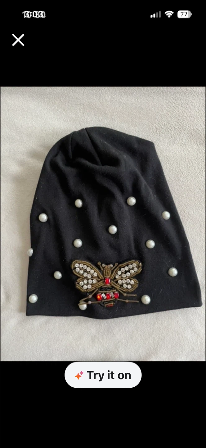 Black Beanie with Embellished Bee and Pearls