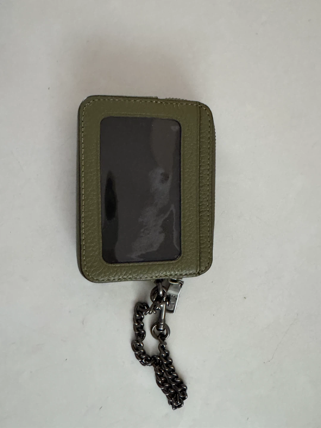Coach Green Leather Zip Card Case with Chain