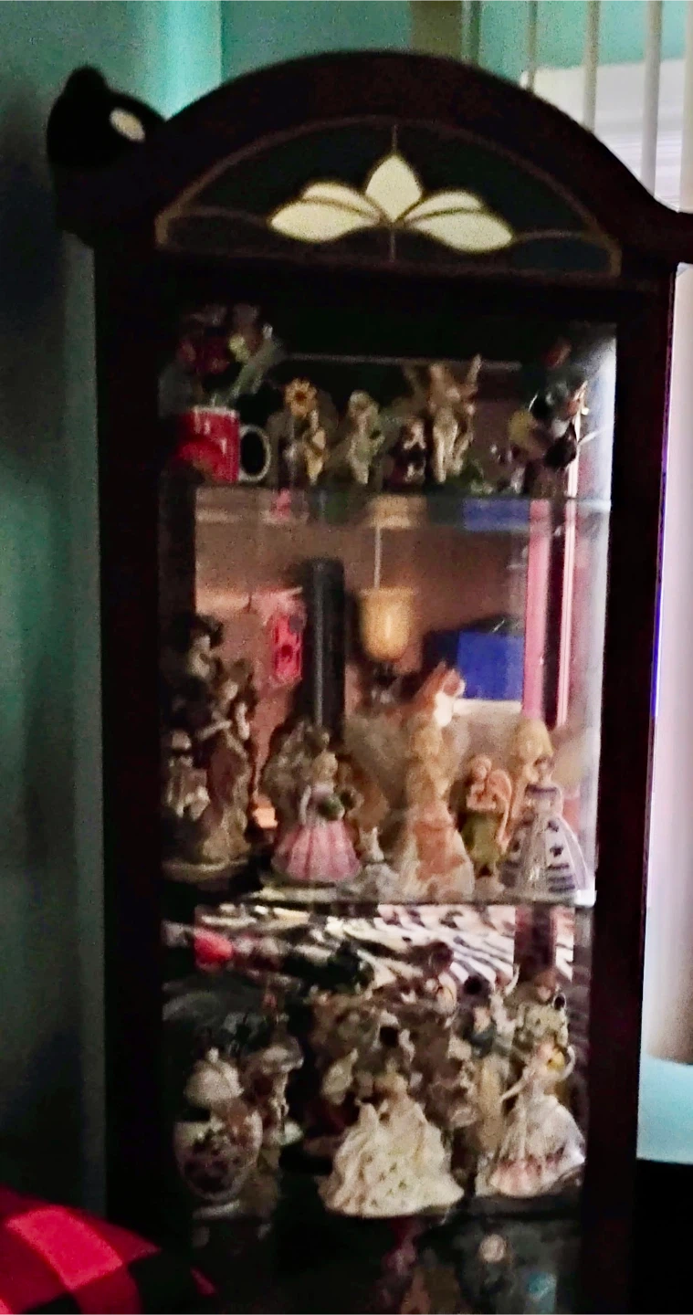 Dark wood curio cabinet with glass shelves