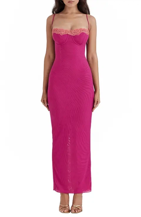 House of CB XS pink lace mesh maxi dress