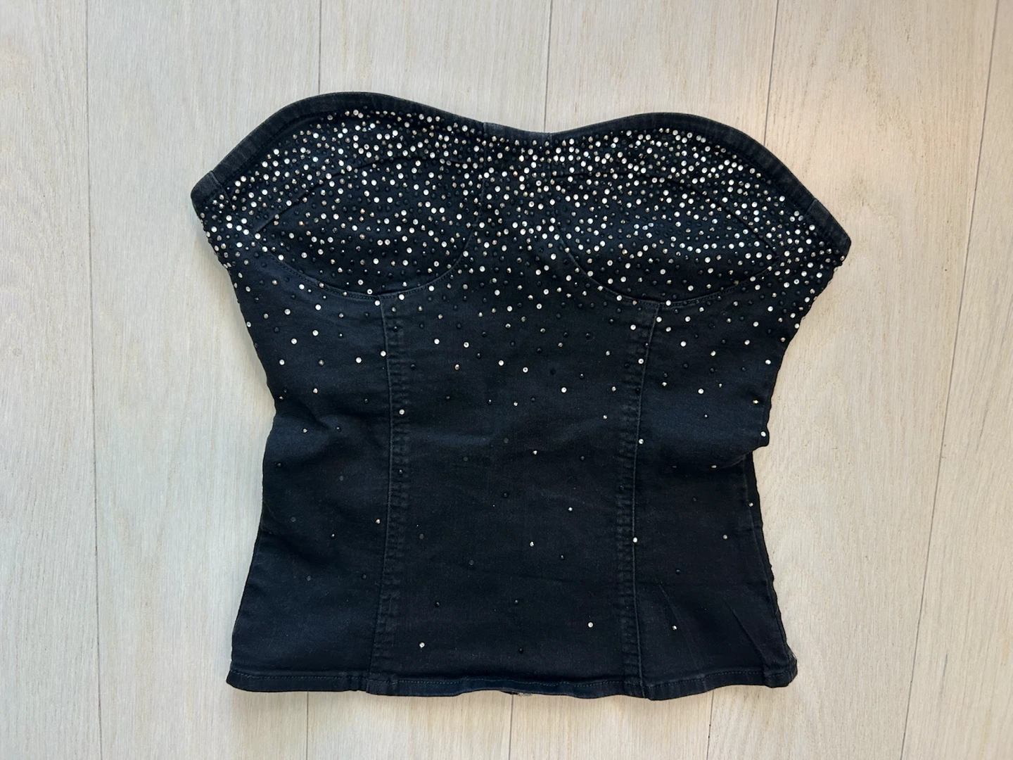 Black Denim Corset Top with Rhinestones