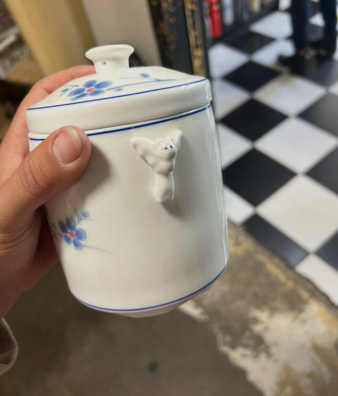 Floral Ceramic trinket jar, with 2 cute little bats handles